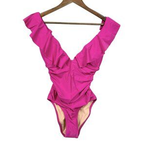 J. Crew Ruffle Plunge One Piece Swimsuit Ruched Hot Pink Size 4 BP222 NWT